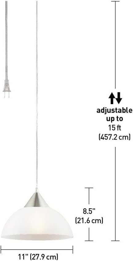 Globe Electric 64413 1-Light Plug-in Pendant, Brushed Steel, Frosted White Shade, 15ft Clear Cord, in-Line On/Off Switch, E26 Base Socket, Kitchen Island, Café, Hanging Light, Bulb Not Included