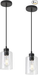 KLSS Modern Black Farmhouse Clear Glass Cylinder Pendant Light Fixture,Mini Pendant Lighting for Kitchen Island Decor - 4.75 Inch Shade, 2-58 Inch Cord, Matte Black.(2 Pack)