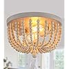 Q&S Boho Chandelier Wood Beaded Flush Mount Ceiling Light Fixtures for Nursery Baby Bedroom Kitchen Hallway,Oak White Finish,2-Lights