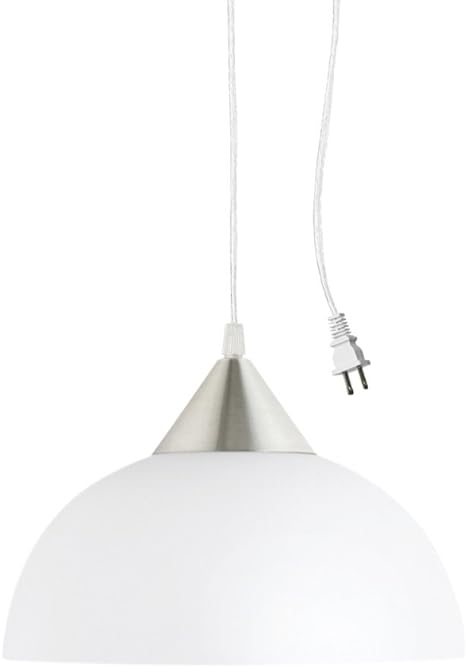 Globe Electric 64413 1-Light Plug-in Pendant, Brushed Steel, Frosted White Shade, 15ft Clear Cord, in-Line On/Off Switch, E26 Base Socket, Kitchen Island, Café, Hanging Light, Bulb Not Included