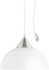 Globe Electric 64413 1-Light Plug-in Pendant, Brushed Steel, Frosted White Shade, 15ft Clear Cord, in-Line On/Off Switch, E26 Base Socket, Kitchen Island, Café, Hanging Light, Bulb Not Included