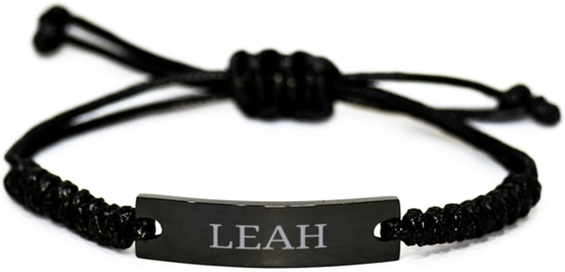 PARN'S Gifts For Leah - Trendy Custom Name ID Plate Bracelet Black Rope Bracelet Christmas Birthday Gifts For Daughter Sister Mom Wife Granddaughter Aunt Friends Girls Women, Engraved Adjustable