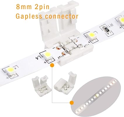 FSJEE 2Pin 8mm LED Strip Connector Kit Include L Shape 2 Pin Right Angle Corner Connector, T Shape Connector, Solderless Gapless Connector, Strip to Strip Jumper Wires for 2Pin 8mm 3528/2835 LED Strip