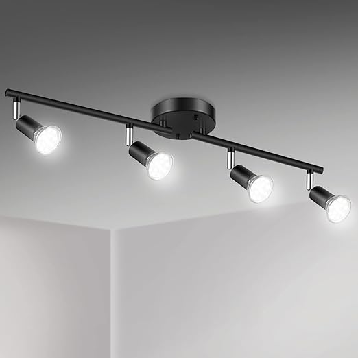 Unicozin LED 4 Light Track Lighting Kit, Black 4 Way Ceiling Spot Lighting, Flexibly Rotatable Light Head, Track Light Included 4 x LED GU10 Bulb (4W, Daylight White 5000K, 400LM)