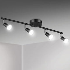 Unicozin LED 4 Light Track Lighting Kit, Black 4 Way Ceiling Spot Lighting, Flexibly Rotatable Light Head, Track Light Included 4 x LED GU10 Bulb (4W, Daylight White 5000K, 400LM)