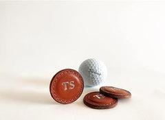 Monogrammed Leather Golf Ball Markers | Set of 2 | Personalized Full Grain Genuine Leather | Leather Markers for Golf Balls Strap | Golf Gift | Made in USA (Tan)