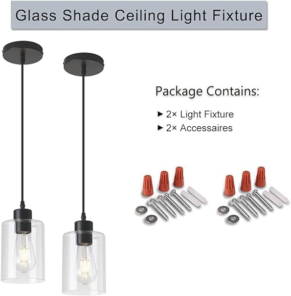 KLSS Modern Black Farmhouse Clear Glass Cylinder Pendant Light Fixture,Mini Pendant Lighting for Kitchen Island Decor - 4.75 Inch Shade, 2-58 Inch Cord, Matte Black.(2 Pack)