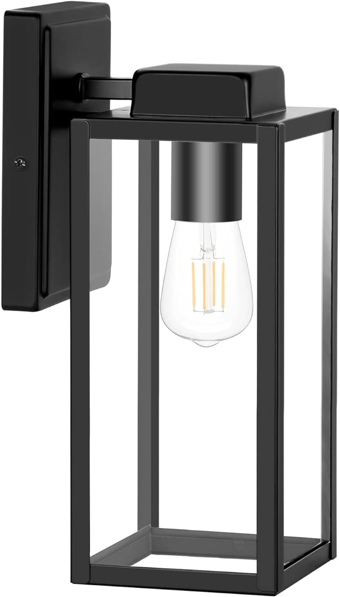 Large Size Outdoor Wall Lantern 16 Inch, Waterproof Exterior Wall Sconce Light Fixture, Anti-Rust Wall Mount Light with Clear Glass Shade, Matte Black Lamp with E26 Socket for Porch, Front Door