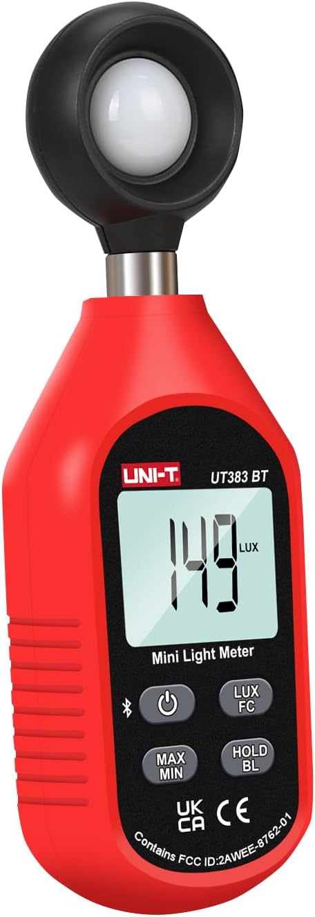 UNI-T Light Meter UT383BT Lux Meter Lumens Digital Illuminance Meter 0~199900 Lux (0~18500 FC) Foot Candles Luxmeter for Film Photography Plants Photometer Lighting Intensity Brightness Measurement