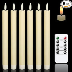 GenSwin Flameless Ivory Taper Candles Flickering with 10-Key Remote, Battery Operated Led Warm 3D Wick Light Window Candles Real Wax Pack of 6, Christmas Home Wedding Decor(0.78 X 9.64 Inch)