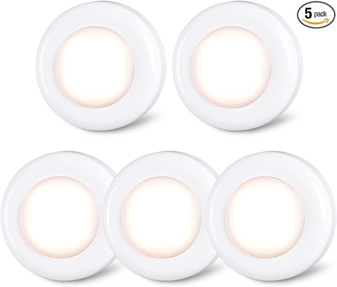 STAR-SPANGLED Tap Light Push Lights Mini Night Touch Light LED Puck Lights Portable Under Cabinet Lighting Battery Operated Powered DIY Stick On Lights Closet Counter Kitchen Warm White 5Pack