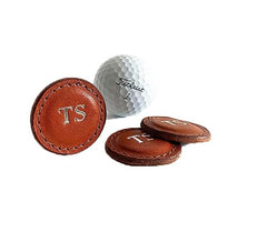 Monogrammed Leather Golf Ball Markers | Set of 2 | Personalized Full Grain Genuine Leather | Leather Markers for Golf Balls Strap | Golf Gift | Made in USA (Tan)