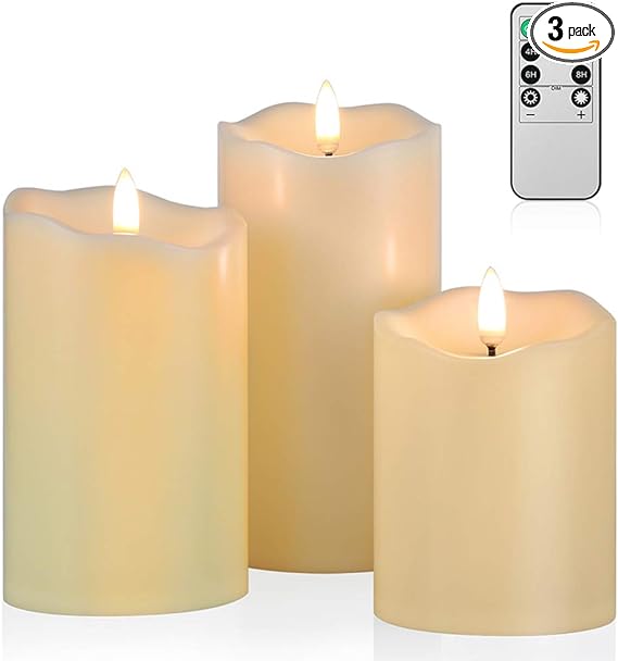 ANGELLOONG Flickering Flameless Candles, Most Realistic LED Candles with Remote and Timer, Set of 3 Battery Operated Candles for Valentines Home Wedding Birthday Decoration