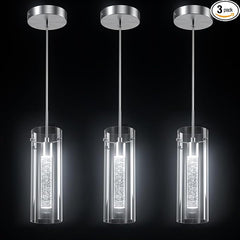 Esfos Pendant Ceiling Light Fixture, LED Kitchen Lighting Crystal Pendant Lights Kitchen Island, 1-Light Integrated Kitchen Hanging Light Fixture Modern Island Light with Bubble Glass Three Pack