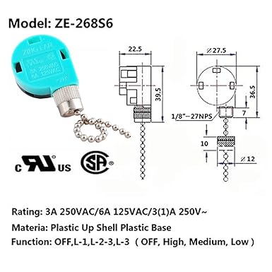 Ceiling Fan Switch 3 Speed 4 Wire Zing Ear ZE-268S6 Pull Chain Cord Switch Replacement for Ceiling Fans,Wall Lamps,Cabinet Light (Nickel Pull Chain)