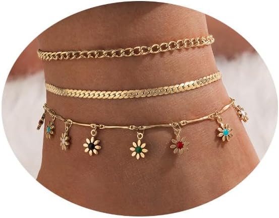 FUTIMELY Layered Gold Daisy Ankle Bracelets Set for Women Girls 14k Gold Plated Beach Waterproof Chain Anklets Set Stackable Foot Jewelry for GiftFUTIMELY Layered Gold Daisy Ankle Bracelets Set for Women Girls 14k Gold Plated Beach Waterproof