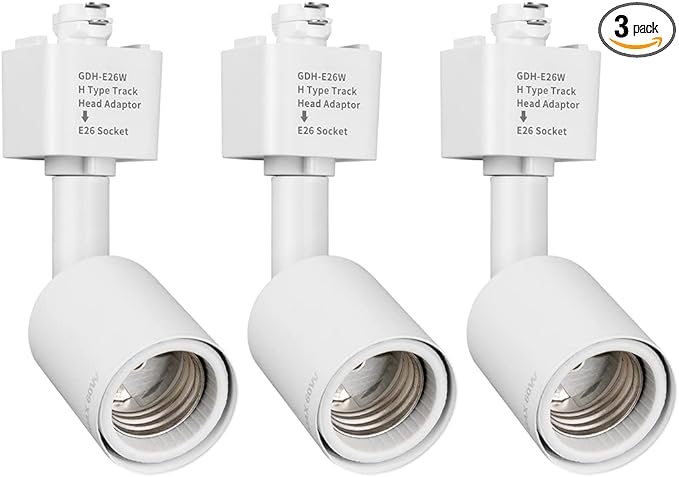 mirrea H Type Track Lighting Head to E26 Medium Screw Base Adapter Light Direction Adjustable Pack of 3 (White)