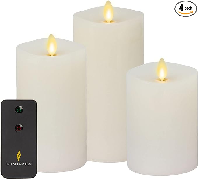 Luminara Realistic Artificial Moving Flame Pillar Candles - Set of 3 - Melted Top Edge, LED Battery Operated Lights - Unscented - Remote Included- 3" x 4.5", 3" x 5.5", 3" x 6.5" (White)