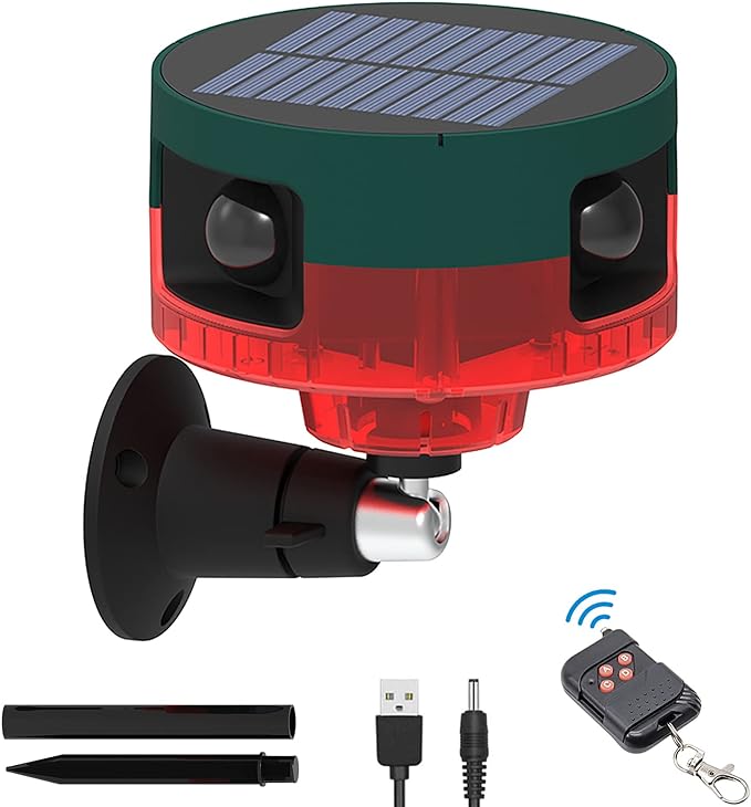 Solar Sensor Security Alarm Lights Outdoor,WONFAST 360° Motion Detector LED Flashing Strobe Light Warning Lamp Built-in 13Sounds,129db Loud Siren Sound for Home Farm Barn Villa Yard (Red-1)