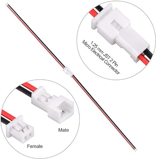 10 Pairs 1.25 mm JST 2 Pin Micro Electrical Male and Female Connector Plug with 80mm Wire Cables