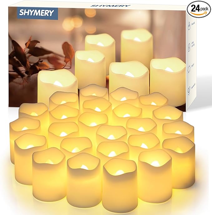 SHYMERY Flameless Votive Candles, Flickering Electric Fake Candle,24 Pack 200+Hour Battery Operated LED Tea Lights in Warm White for Wedding, Table, Festival, Halloween,Christmas Decorations