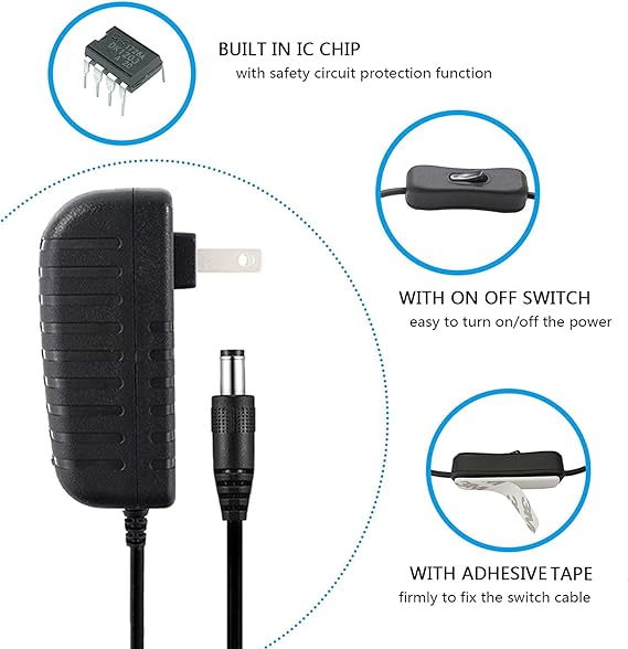 AspenTek DC 12V Power Supply Adapter 1A with Inline on Off Switch for Small Led Light Strips, Led Neon Strip, Led Tape Lights, Under Cabinet Lighting, Output 1000mA, 12 Watt Max