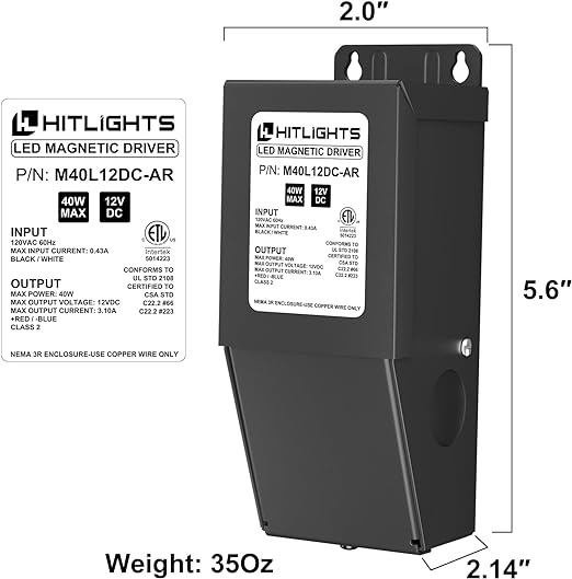 HitLights Dimmable LED Driver Transformer 12V 40W, Magnetic Power Supply 120VAC to 12VDC, Compatible with Lutron and Leviton dimmers, for LED Strip Light, Kitchen, Cabinet, Class 2, ETL Listed