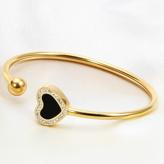 Jude Jewelers Stainless Steel Open Cuff Black Enamel Heart Bangle Bracelet