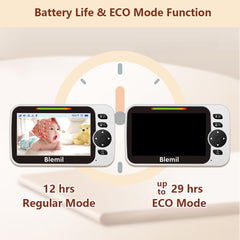 Blemil Baby Monitor with 30-Hour Battery, 5" Large Split-Screen Video Baby Monitor with Camera and Audio, 3500mAh Battery, Remote Pan/Tilt/Zoom Camera, Two-Way Talk, Night Vision, Lullabies, No WiFi