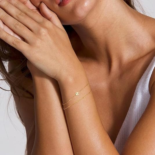 Dainty Gold Initial Bracelets for Women, 14K Gold Plated Dainty Personalized Gold Bracelets Initial Bracelets for Women Teen Girls Jewelry Chain Bracelets for Little Girls Jewelry Gifts