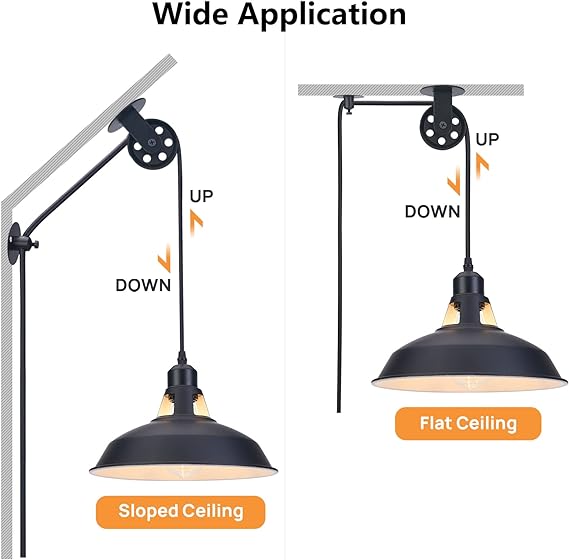 Lomoky Plug in Pendant Light, Hanging Lamp with Black Barn Pendant Lighting with 14.76ft Cord On/Off Switch, Adjustable Pulley Wall Light Fixture Hanging Light for Kitchen Bedroom Restaurant 2 Pack