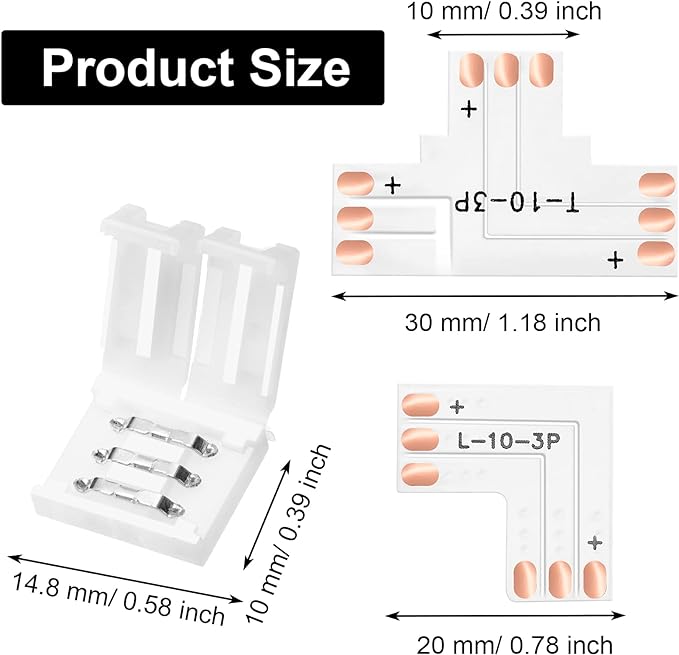 28 Pieces 3 Pin LED Connector LED Strip Connector 10 mm Solderless LED Light Connector L Shape LED Lights Extension T Shape Solderless LED Adapter Connectors for WS2811 WS2812B SK6812 LED Strip