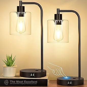 Industrial Touch Control Table Lamps Set of 2 - Black Bedside Lamps with 2 USB Ports and AC Outlet, 3-Way Dimmable Nightstand Desk Lamp for Bedroom Living Room, Glass Shade & 2 LED Bulbs Included