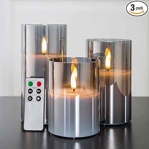 Eywamage Grey Glass Flameless Candles with Remote Battery Operated Flickering LED Pillar Candles Real Wax Wick Φ 3" H 4" 5" 6"