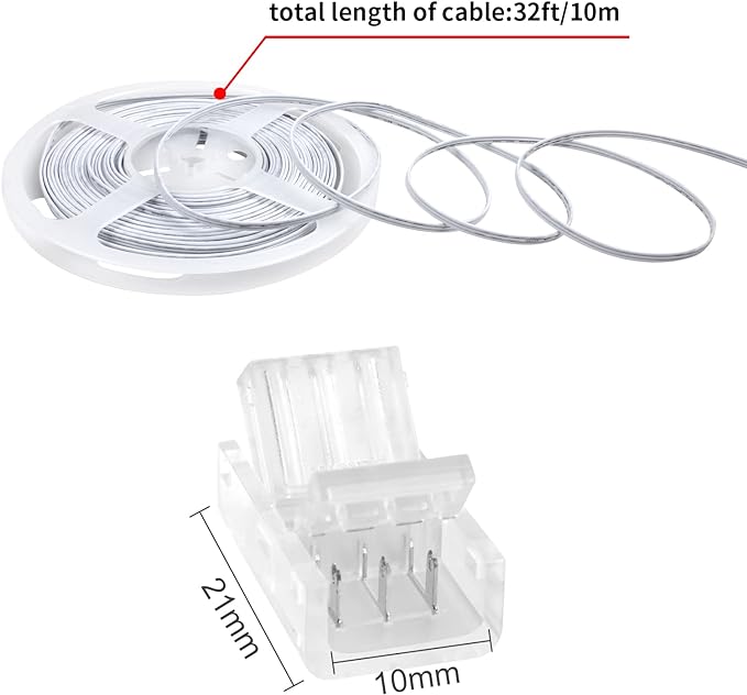 RGBZONE 10Pcs 𝟯𝗣𝗶𝗻 𝟭𝟬𝗺𝗺 𝗟𝗘𝗗 𝗦𝘁𝗿𝗶𝗽 𝗖𝗼𝗻𝗻𝗲𝗰𝘁𝗼𝗿𝘀 and 32.8ft 3Pin LED Extension Cable Wire Strip to Wire for 10mm Wide Waterproof or Non-Waterproof WS2811 WS2812B LED Strip Light