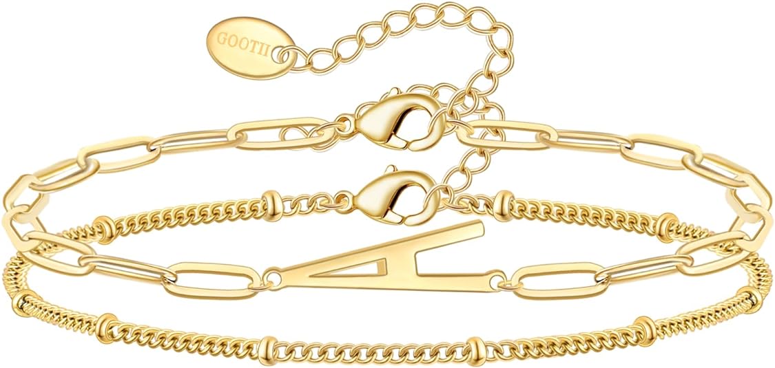 GOOTII 14K Gold Plated Stainless Steel Initial Bracelet Set Dainty Gold Letter Bracelet Layered Gold Bead Paperclip Link Chain Bracelet Jewelry Gifts for Women Girls