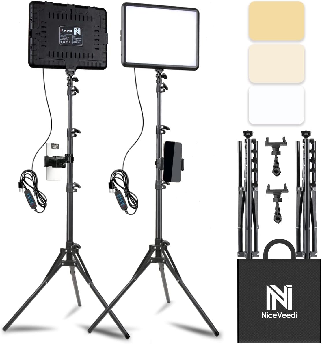 2-Pack LED Video Light Kit, NiceVeedi Studio Light, 2800-6500K Dimmable Photography Lighting Kit with Tripod Stand&Phone Holder, 73" Stream Light for Video Recording, Game Streaming, YouTube…