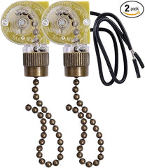 Ceiling Fan Light Switch Zing Ear ZE-109 Two-Wire Light Switch with Pull Cords for Ceiling Light Fans Lamps and Wall Lights Pull Chain Switch Control Replacement On-Off with Pull Chain,2 Pcs Bronze