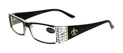 The French, (Bling) Fleur De Lis Women Reading Glasses Adorned with (Clear + Aurora Borealis) Austrian Crystals, Magnifying (Black) Rectangular. NY Fifth Avenue. (+2.50)