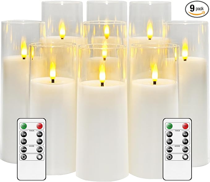 kakoya Flickering Flameless Candles Battery Operated with Remote and 2/4/6/8 H Timer Plexiglass Led Pillar Candles Pack of 9 (D2.3"xH 5"6"7")with Realistic Moving Wick Candles for Home Decor(White)