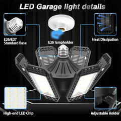 2 Pack LED Garage Light, 200W LED Shop Light, E26/E27 Garage Lights Super Bright Deformable LED Garage Ceiling Light with 6+1 Adjustable Panels Garage Lighting, Bay Light, Attic Light, Basement Light