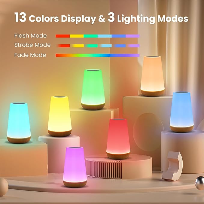 THAUSDAS Night Light, Dimmable Touch Lamp for Bedroom, Portable Table Bedside Lamp, 5 Brightness & 13 RGB Colors, Night Lights for Bedroom/Baby Nursery/Bathroom/Hallways/Living Room