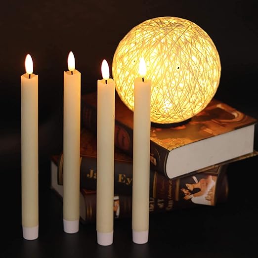 GenSwin Flameless Ivory Taper Candles Flickering with 10-Key Remote, Battery Operated Led Warm 3D Wick Light Window Candles Real Wax Pack of 6, Christmas Home Wedding Decor(0.78 X 9.64 Inch)