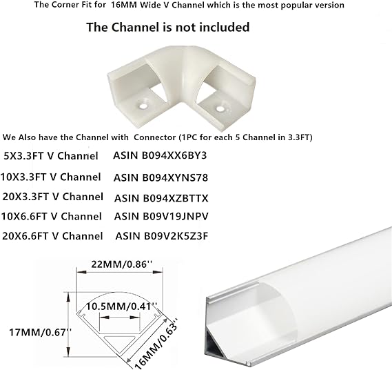 THMOOTHER 8-Pack 16MM Wide V Shape LED Strip Channel 90 Degree White Connector,Under Cabinet 45 Curved Cover profile Corner Kit,Inner Right Angle Turning link Solution With Mounting Kit (White)