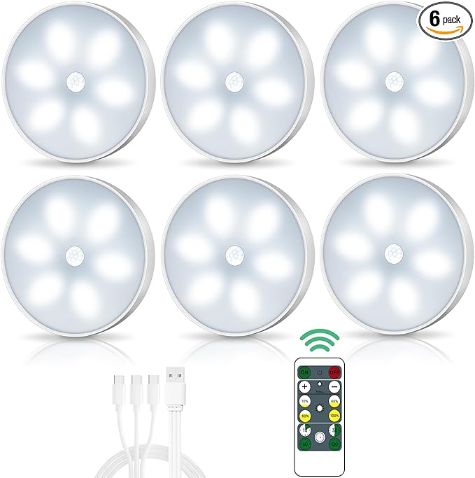 LED Closet Lights Wireless Motion Sensor Puck Light, Newest Version USB Rechargeable Dimmer Step Light with Remote, Night Safe Lighting for Under Cabinet, Counter, Kitchen, Hallway, Stairs (6 Pack)