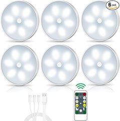 LED Closet Lights Wireless Motion Sensor Puck Light, Newest Version USB Rechargeable Dimmer Step Light with Remote, Night Safe Lighting for Under Cabinet, Counter, Kitchen, Hallway, Stairs (6 Pack)