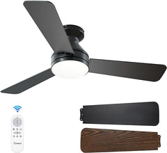 Amico Ceiling Fans with Lights, 42 inch Low Profile Ceiling Fan with Light and Remote Control, Flush Mount, Reversible, 3CCT, Dimmable, Noiseless, Black Ceiling Fan for Bedroom, Indoor/Outdoor Use