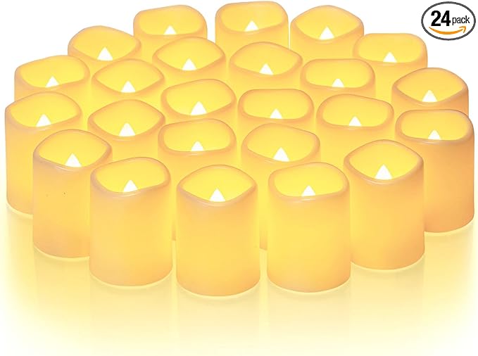 Homemory 24Pack Flickering Flameless Votive Candles, 200+Hour Electric Fake Candles, Battery Operated LED Tealight for Wedding, Outdoor, Table, Festival (Warm White,Battery Included)