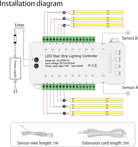 16 Channel LED Motion Sensor Stair Light Controller Automatic Stairway LED Controller Light Step Lighting Controller System Speed Brightness Adjustable (16 Channels)