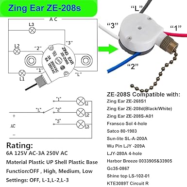 Ceiling Fan Switch Zing Ear ZE-208s E89885 with 4 Pre-Installed Wires 3 Speed 4 Wire Pull Chain Switch Fan Light Switch Replacement Part (Bronze Chain)